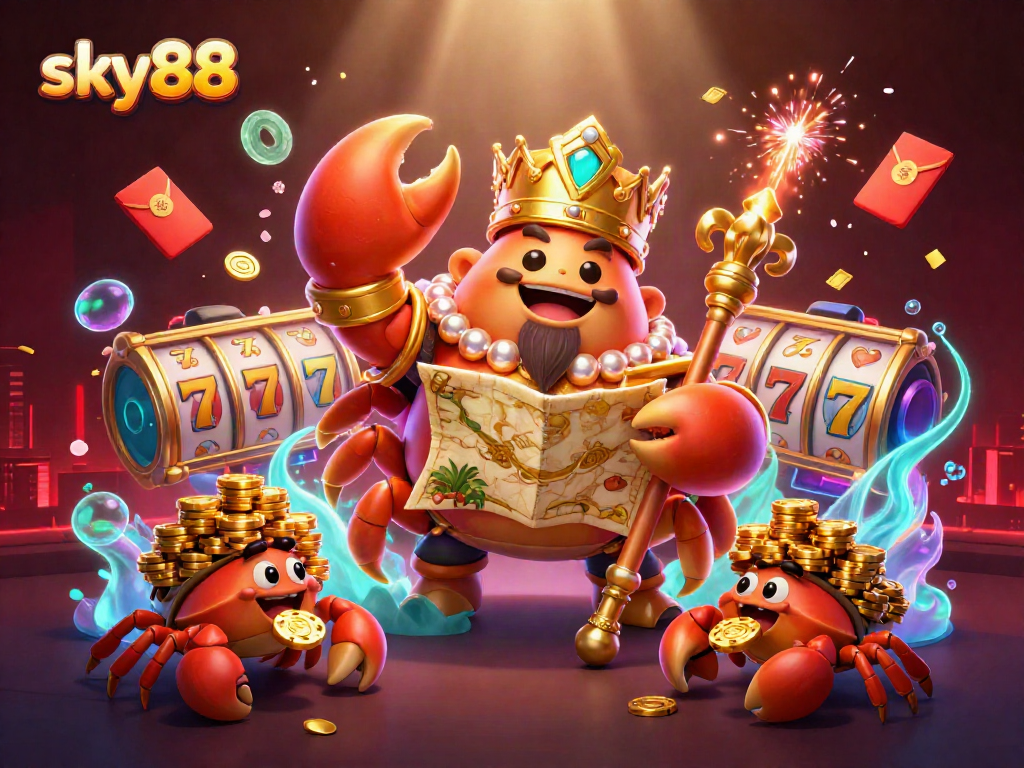 Engage in thrilling games at sky88 with a golden emperor crab and vibrant casino elements.