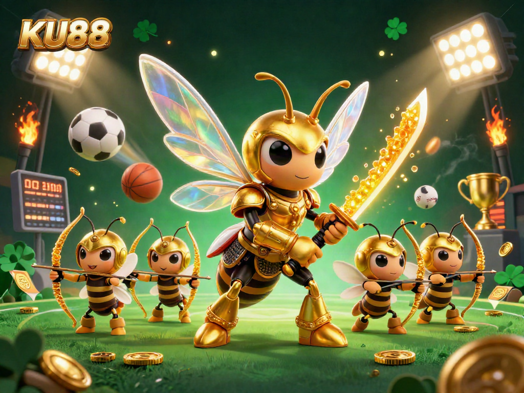 Engage in thrilling sports betting with KU88, vibrant 3D scene featuring a golden hornet and sports elements.