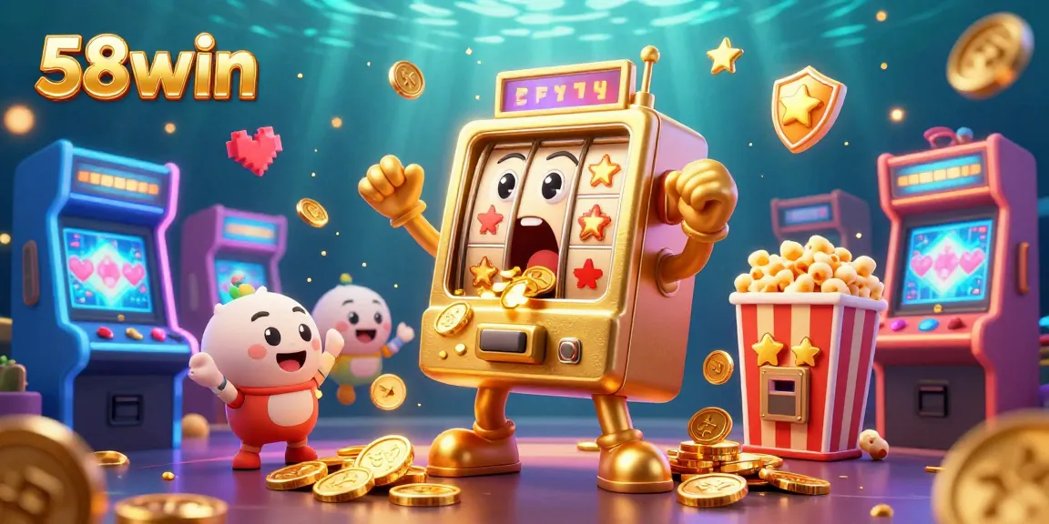 Celebrate winning big at 58win with a golden slot machine hitting the jackpot and cheerful accomplices.