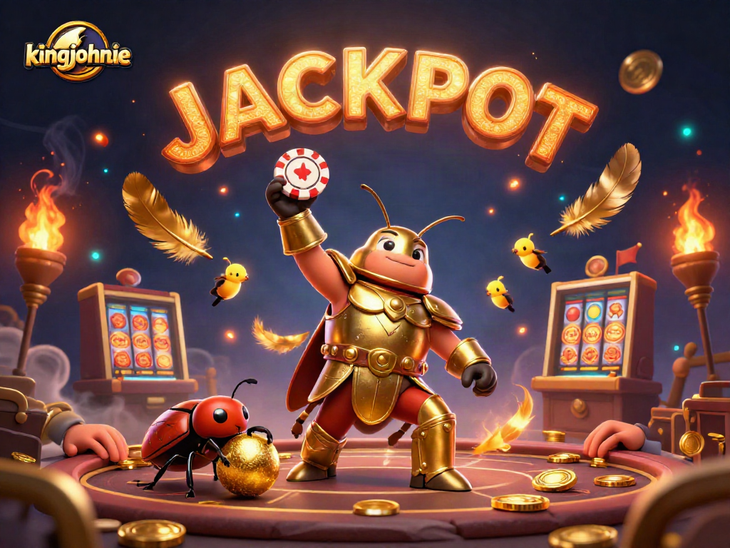 Experience kingjohnnie excitement with a 3D cartoon beetle lifting a poker chip in a vibrant casino scene.