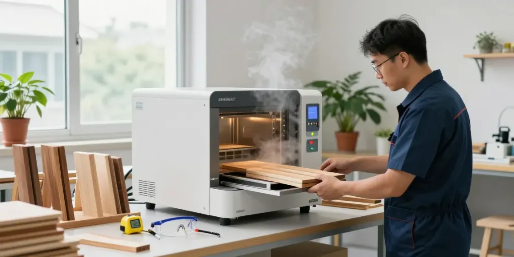 SHASHEL® microwave treatment device in action, technician ensuring chemical-free wood treatment.