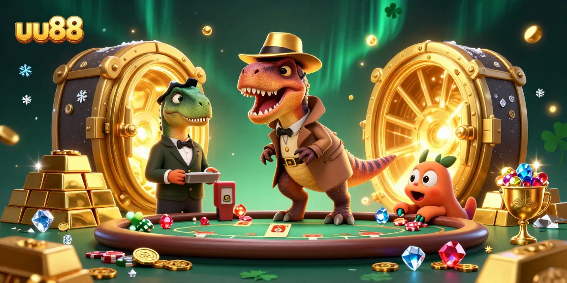 uu88 velociraptor card counter at blackjack table with treasure all around