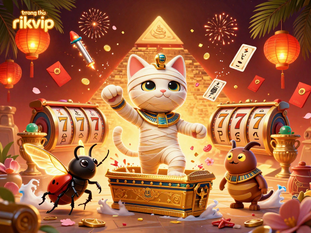 Experience the thrill of playing at trang chủ rikvip with a vibrant 3D cartoon scene showcasing Egyptian elements and casino excitement.