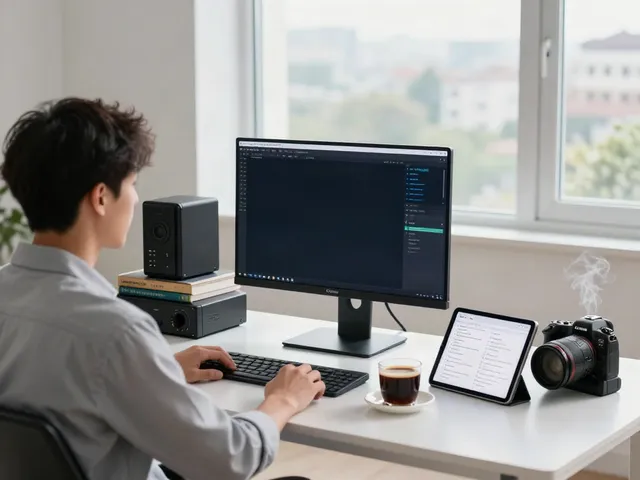 Modern workspace featuring v2rayN GUI on monitor, coffee, and tech gear.