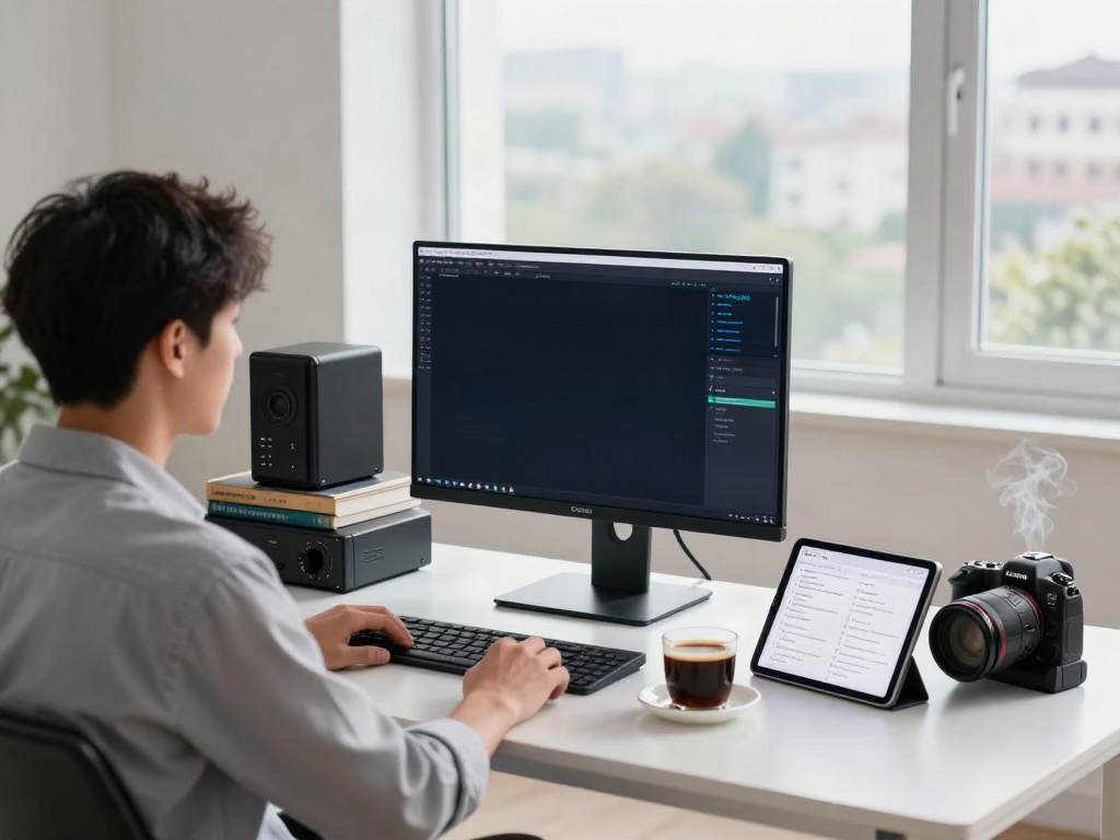 Modern workspace featuring v2rayN GUI on monitor, coffee, and tech gear.