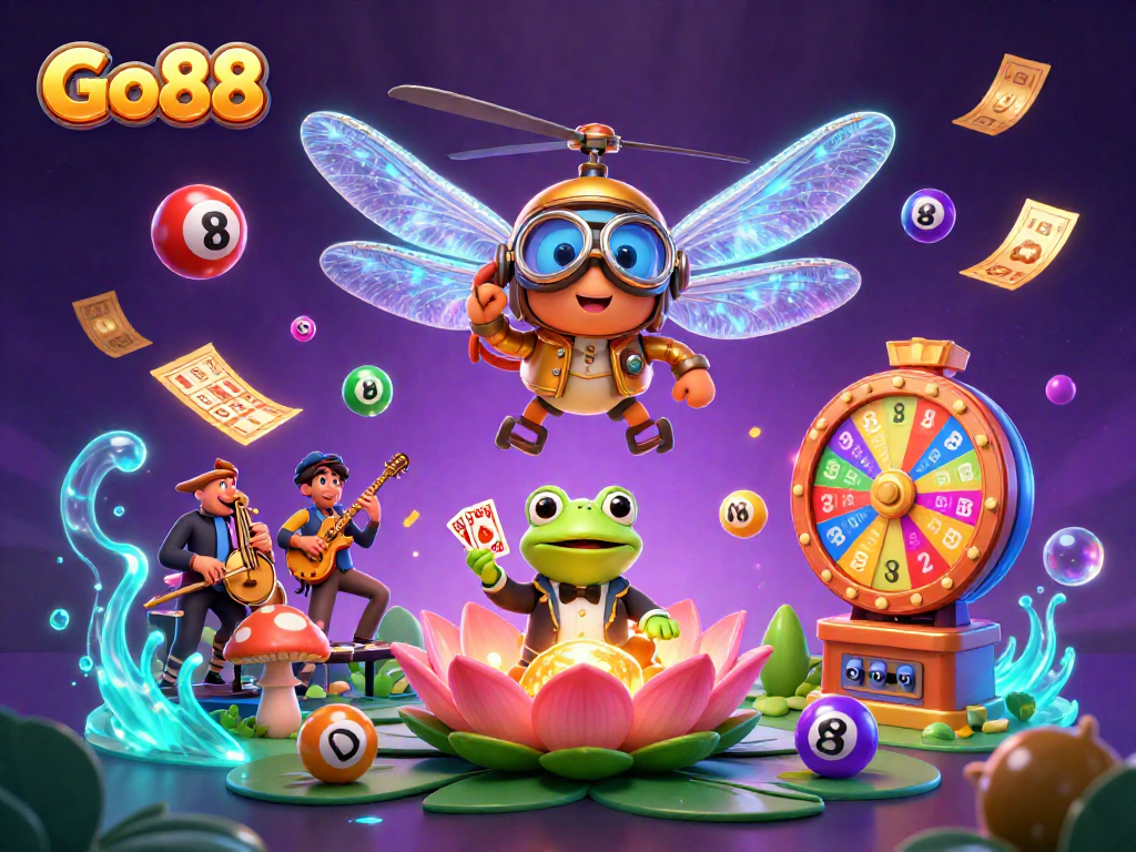 Play dynamic lottery games with Go88 in an exciting casino scene filled with fun characters.