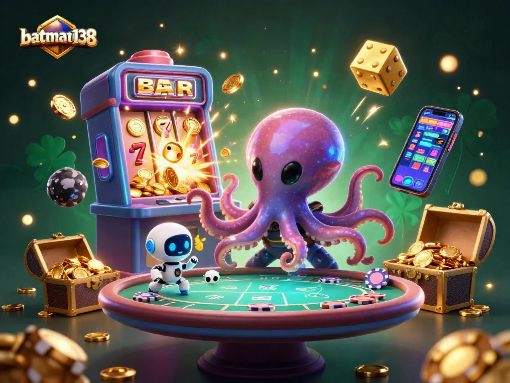Play to win at batman138 with a vibrant 3D casino scene featuring an alien octopus and poker table.