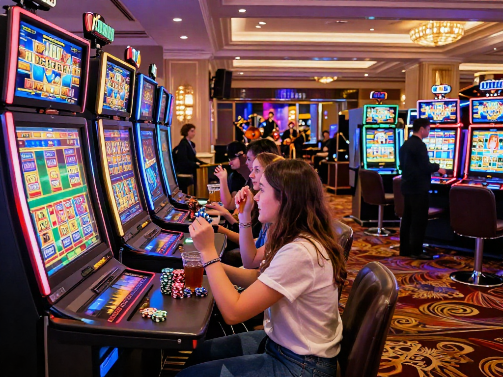 Excited players celebrating near a slot depo 5k machine in a vibrant casino setting.