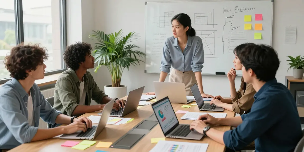 Team collaboration scene showcasing bryndarland.co.uk business insights in a modern office.