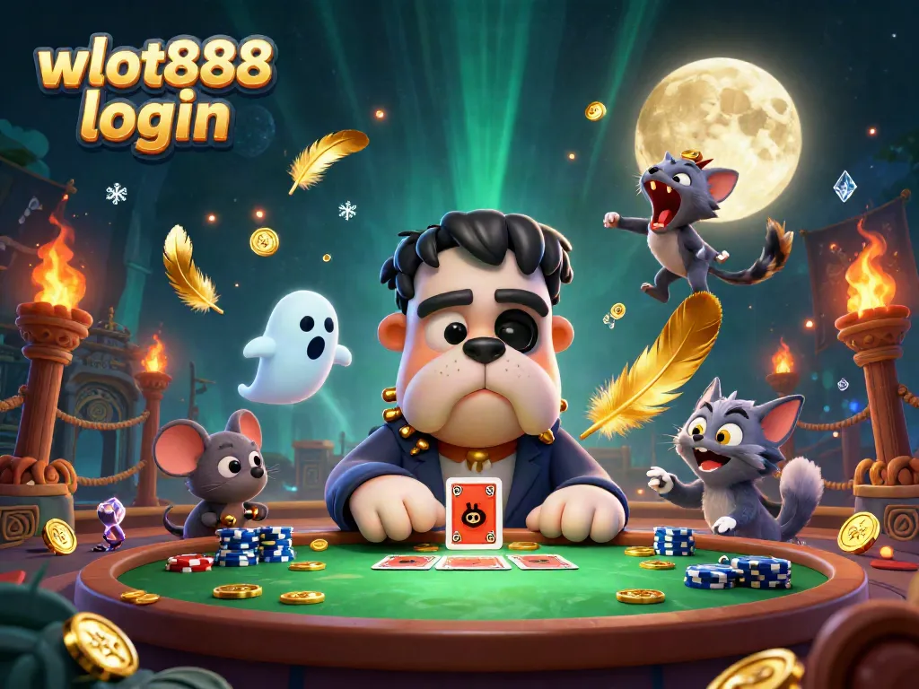Gambarlah wslot888 login saat bermain kartu dengan Frankenstein bulldog dan teman-temannya di meja kasino.