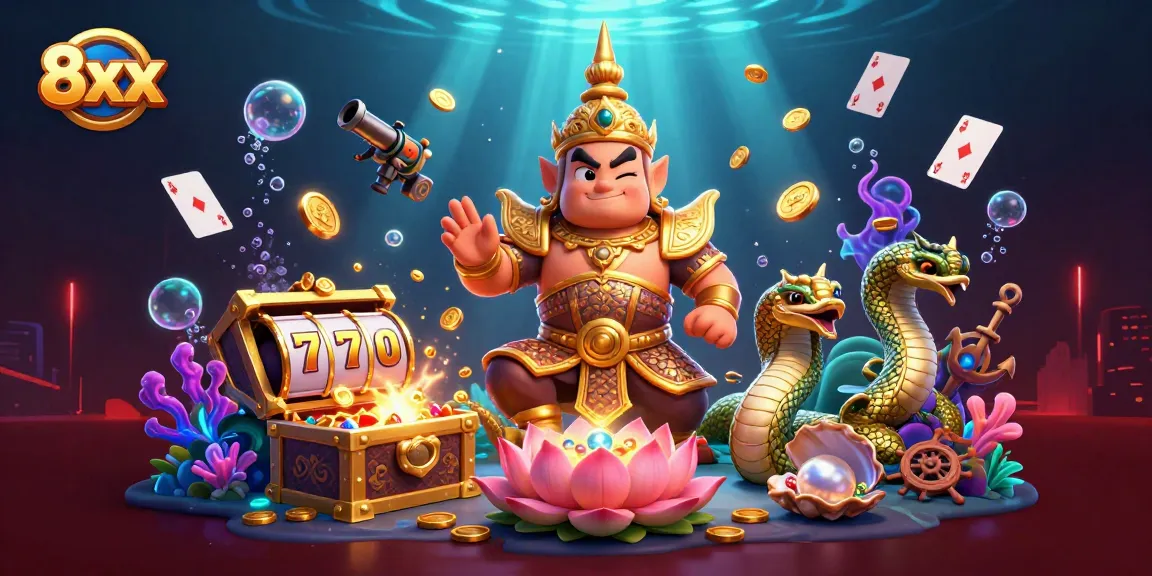 Play exciting casino games with 8xx's vibrant characters amidst stunning treasures and animations.