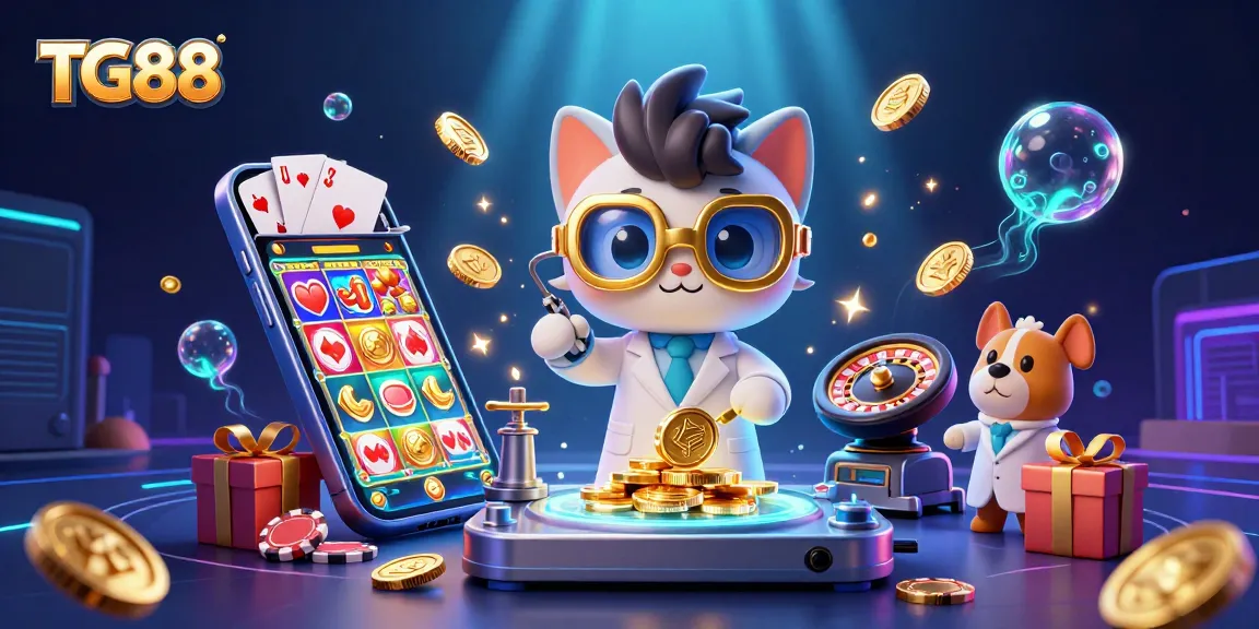 Engage in TG88 gaming excitement with cartoon characters amidst thrilling casino elements.