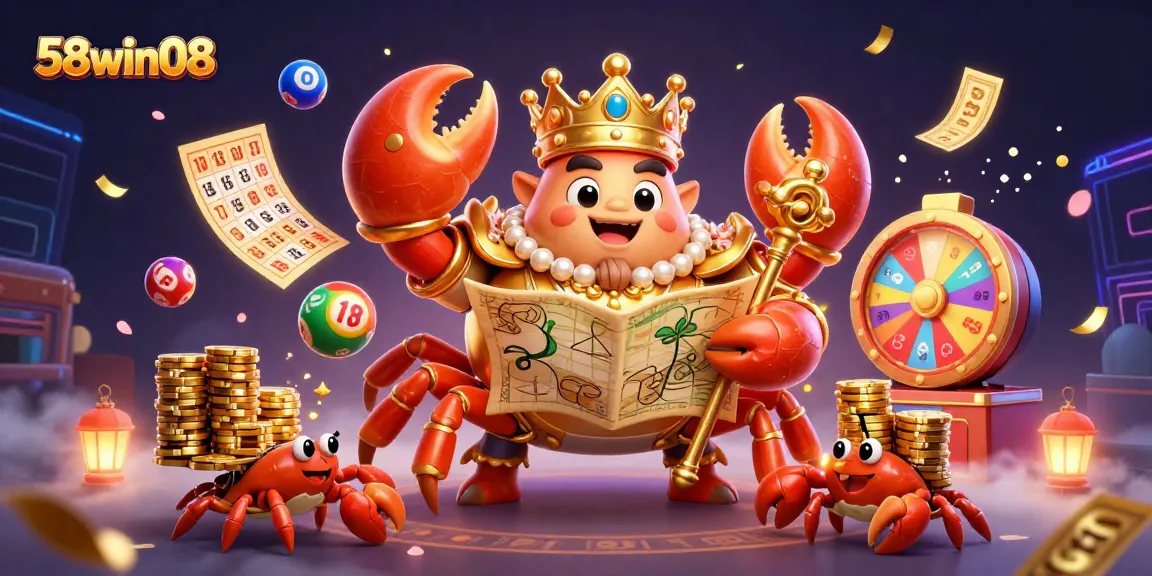 Exciting gaming action at 58win08 with a golden crab and vibrant prizes, showcasing casino entertainment.