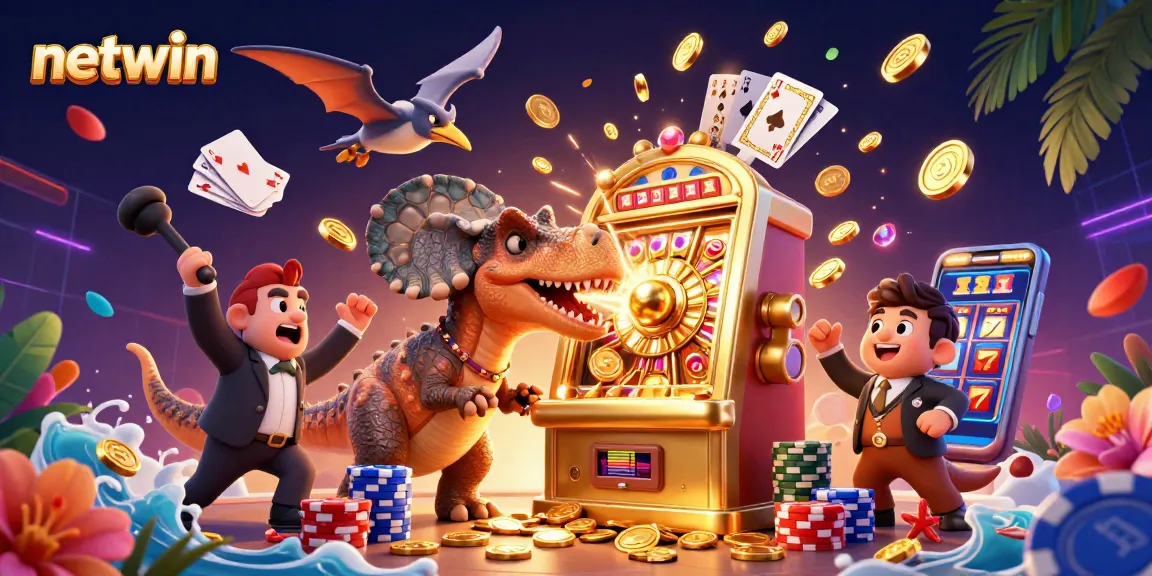 Netwin offers a vibrant casino scene with a pachycephalosaurus and gold jackpot interaction.