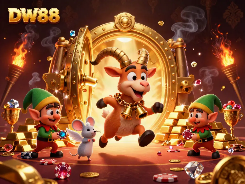 Experience the thrilling atmosphere of DW88 with a festive Krampus, angel mouse, and elf gremlins in a vibrant casino.