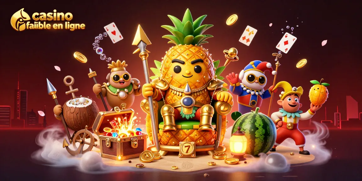 Admirez cette illustration de casino fiable en ligne, où le roi ananas et ses gardes offrent une expérience captivante.