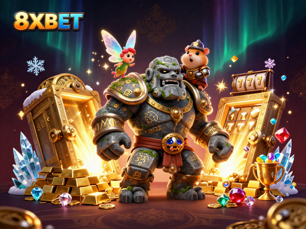 Experience dynamic gaming action with 8XBET featuring a golem, fairy, and hamster knight in an engaging casino scene.