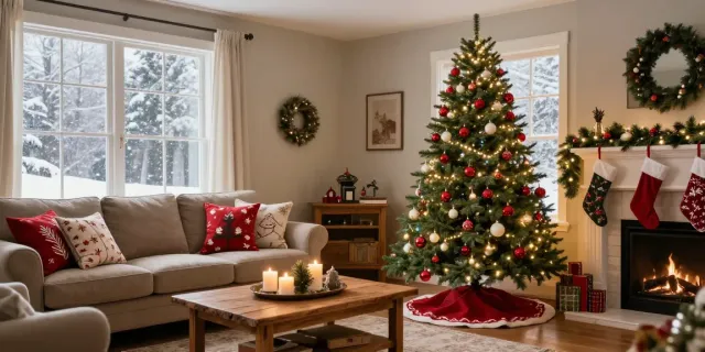 A tall skinny Christmas tree beautifully decorated with lights in a cozy holiday living room.