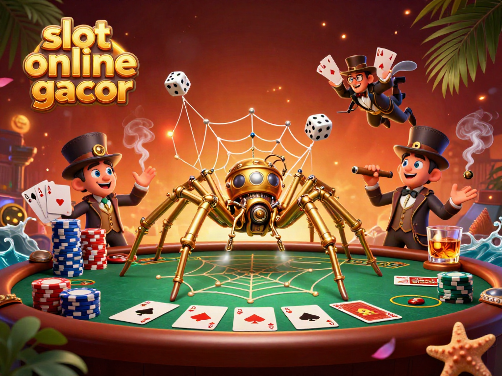 Bermain slot online gacor dalam gambar ilustrasi 3D penuh warna dengan karakter unik dan elemen permainan kasino.