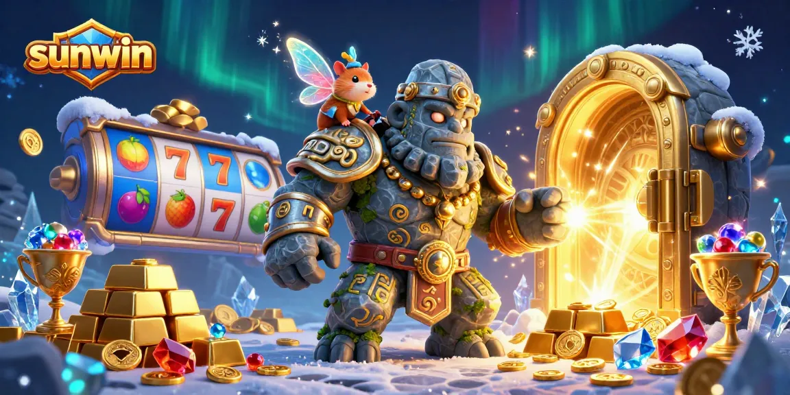 Spin the reels with sunwin in this vibrant, magical casino scene featuring a guardian golem.