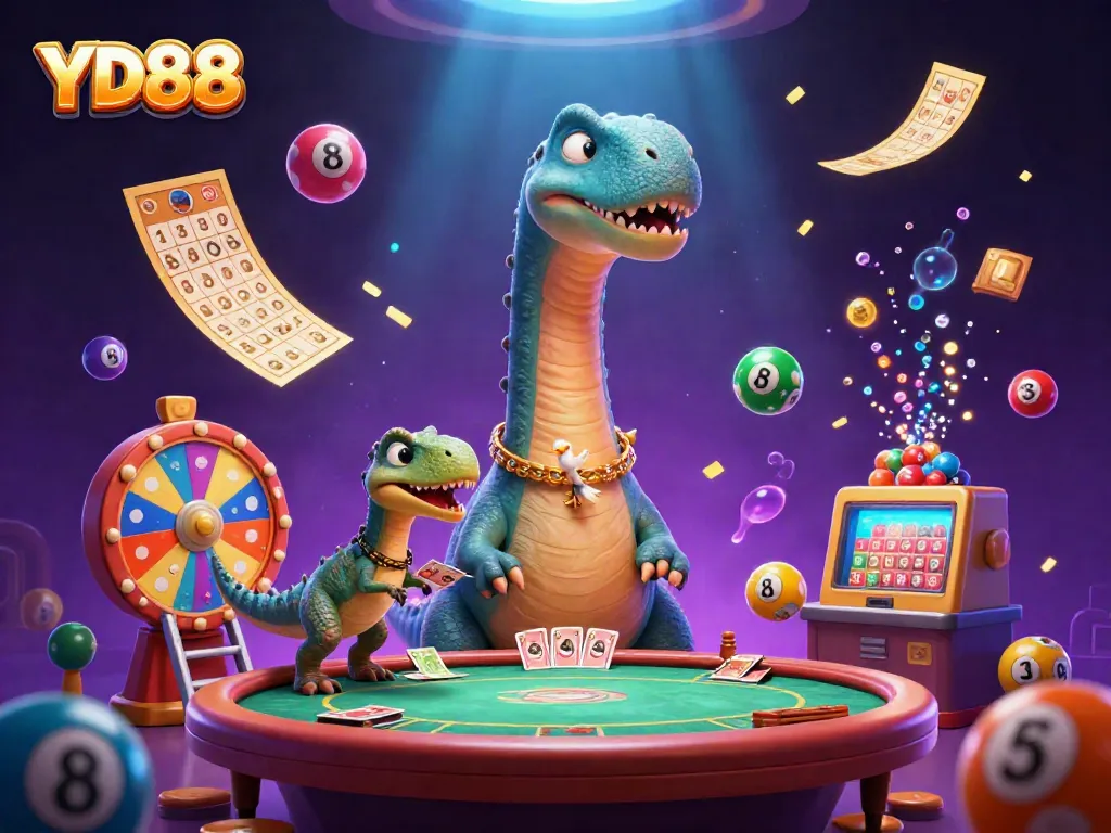 Engage with YD88's magical casino experience featuring a whimsical dinosaur dealer.