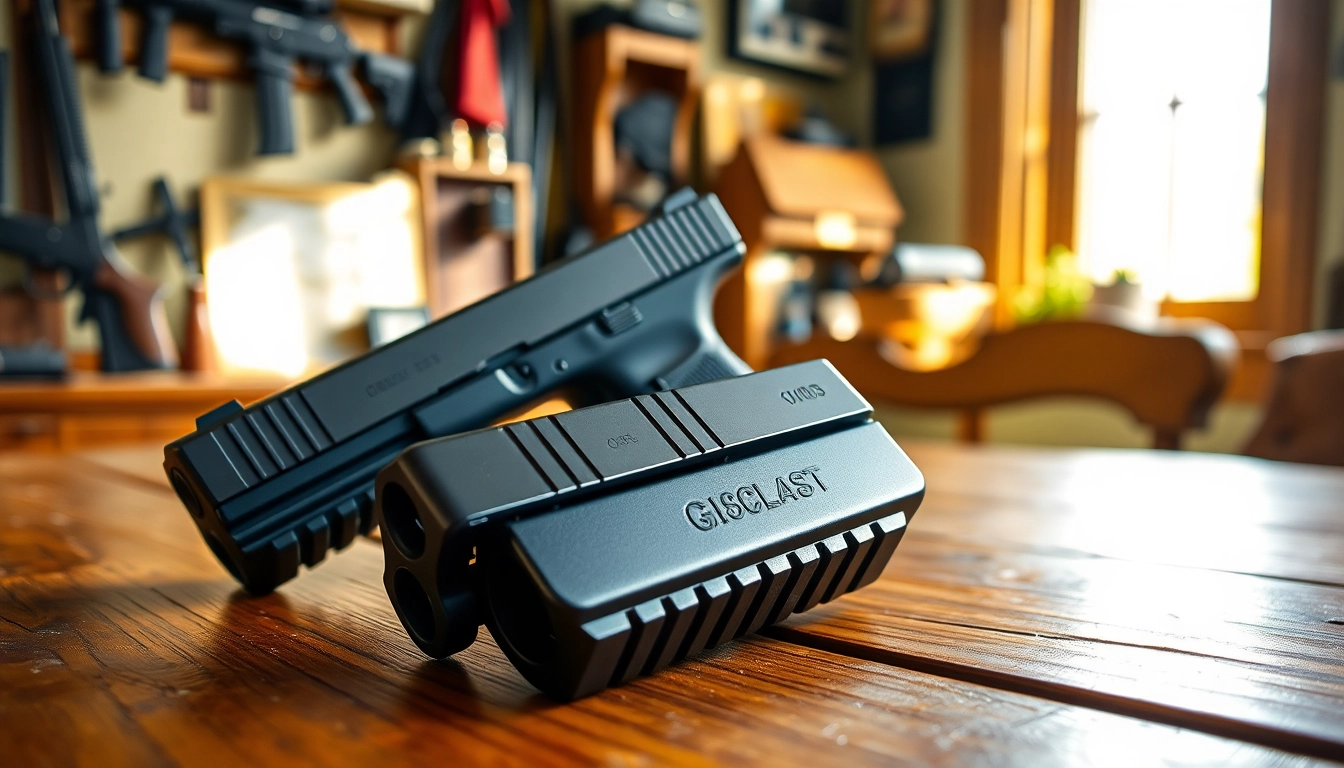 Highlighting glock 17 slides on a wooden table, showcasing their sleek design and metallic finish.