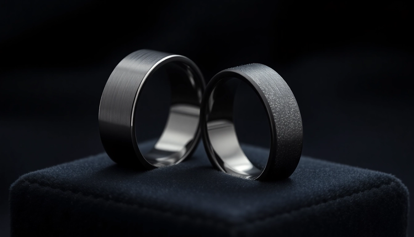 Showcasing stunning Black Zirconium Rings with polished and matte finishes on dark velvet.