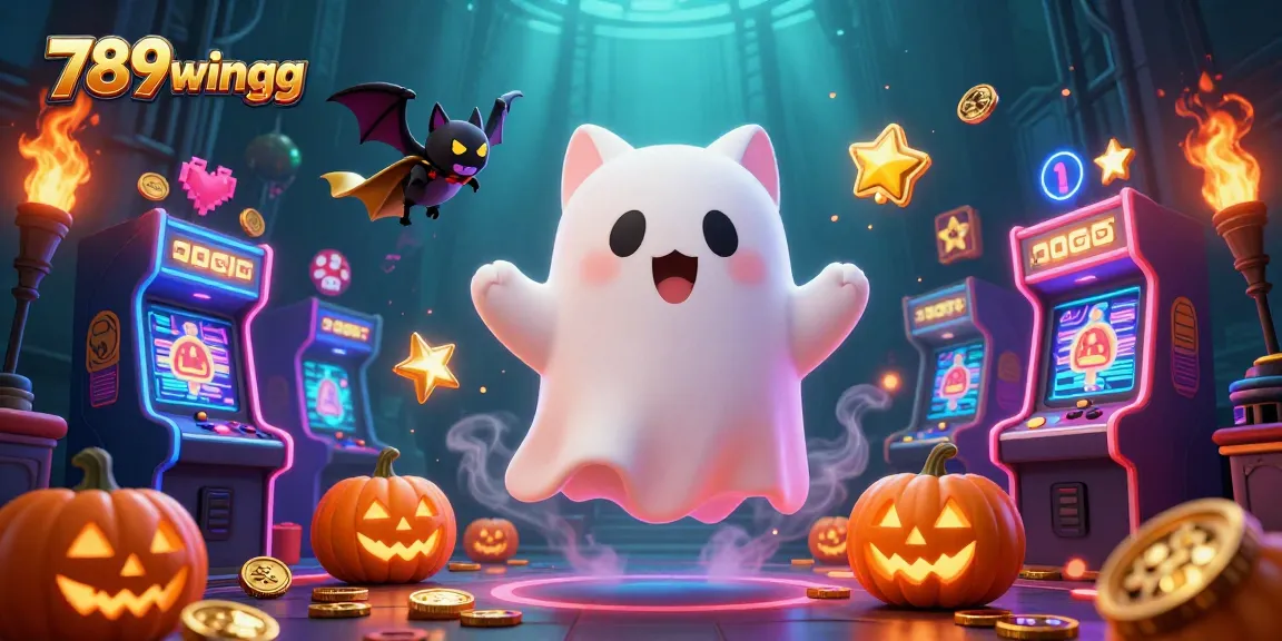 Experience the captivating 789wingg casino adventure with a ghost cat and bat companion amidst haunted slot machines.