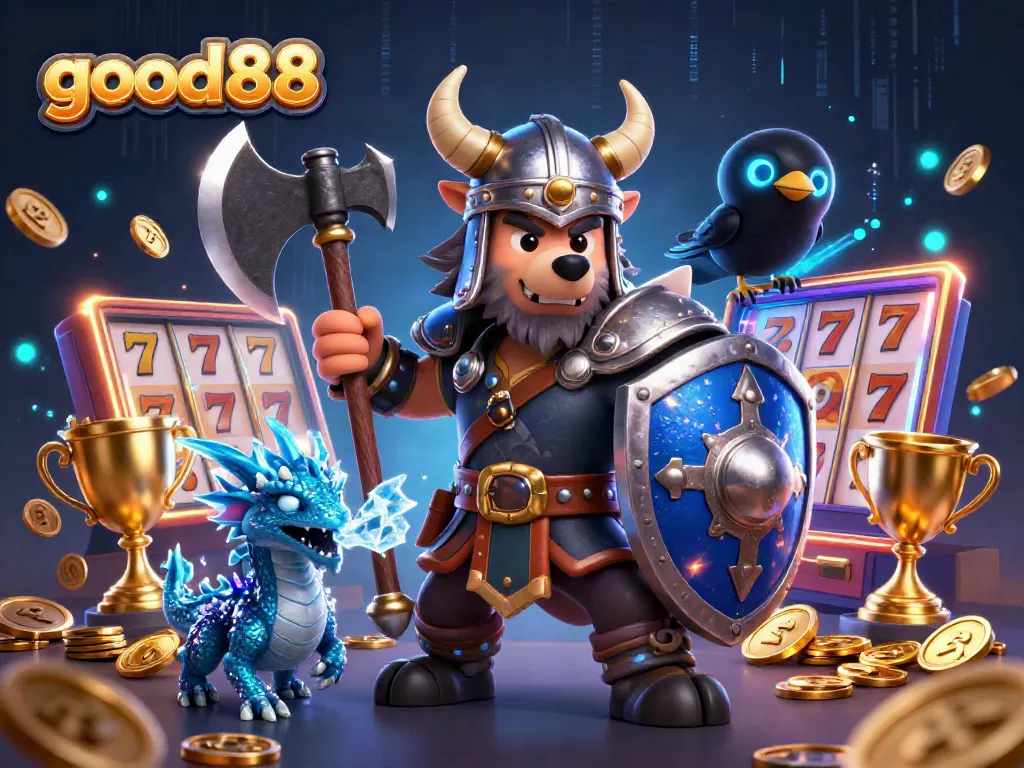 Experience thrilling play at good88 with a Viking warrior, dragon, and slot elements in a vibrant casino setting.