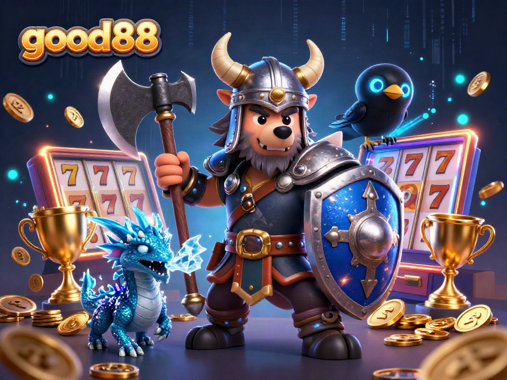 Experience thrilling play at good88 with a Viking warrior, dragon, and slot elements in a vibrant casino setting.