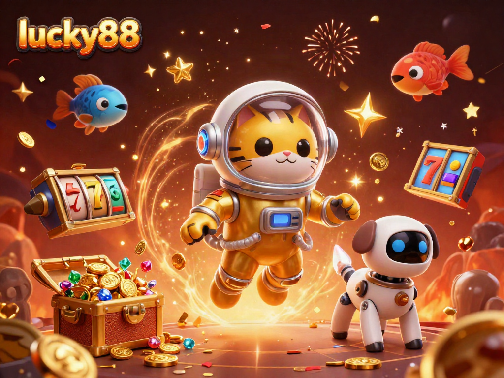 Experience the excitement of lucky88 with a vibrant 3D casino scene featuring a golden astronaut cat and dynamic gaming elements.