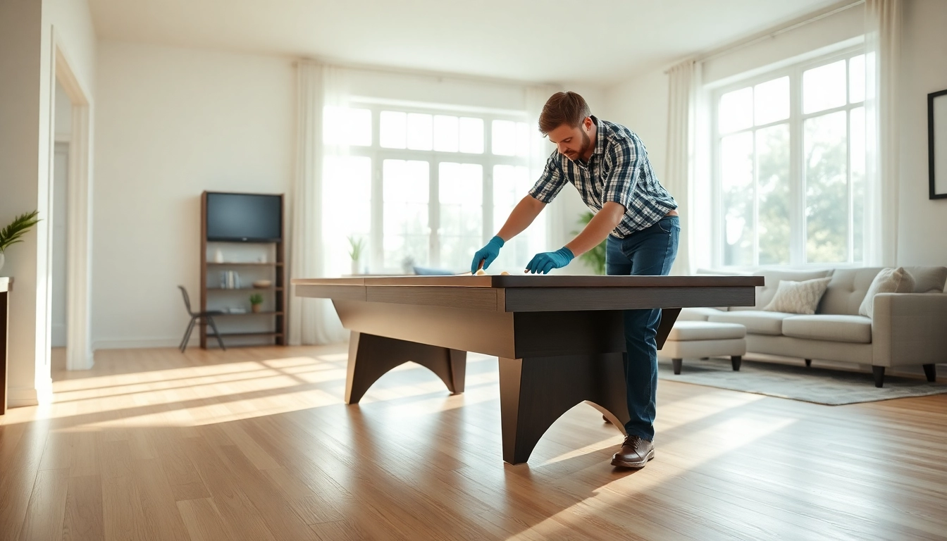 Professional pool table mover carefully relocating a large slate pool table in a well-lit room.