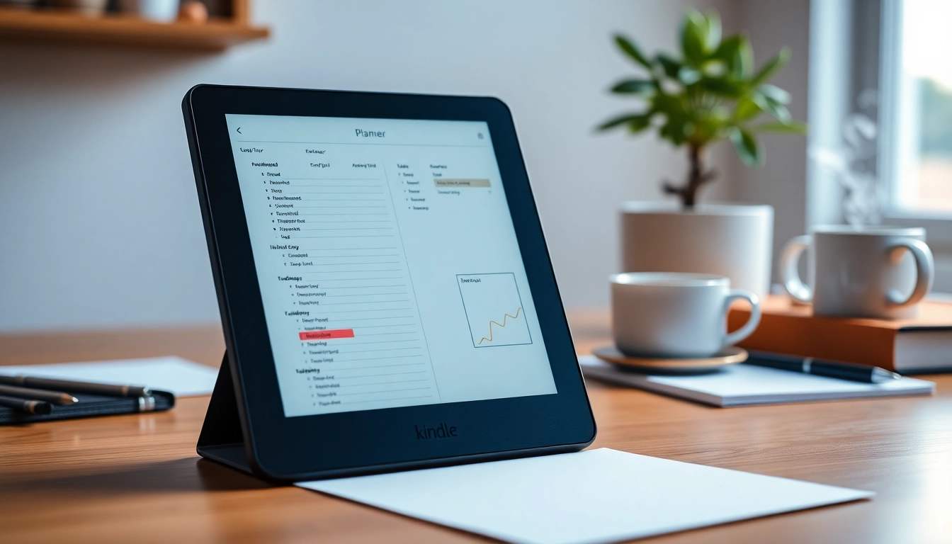 Organizing tasks with vibrant planners for Kindle Scribe on a digital display in a cozy workspace.