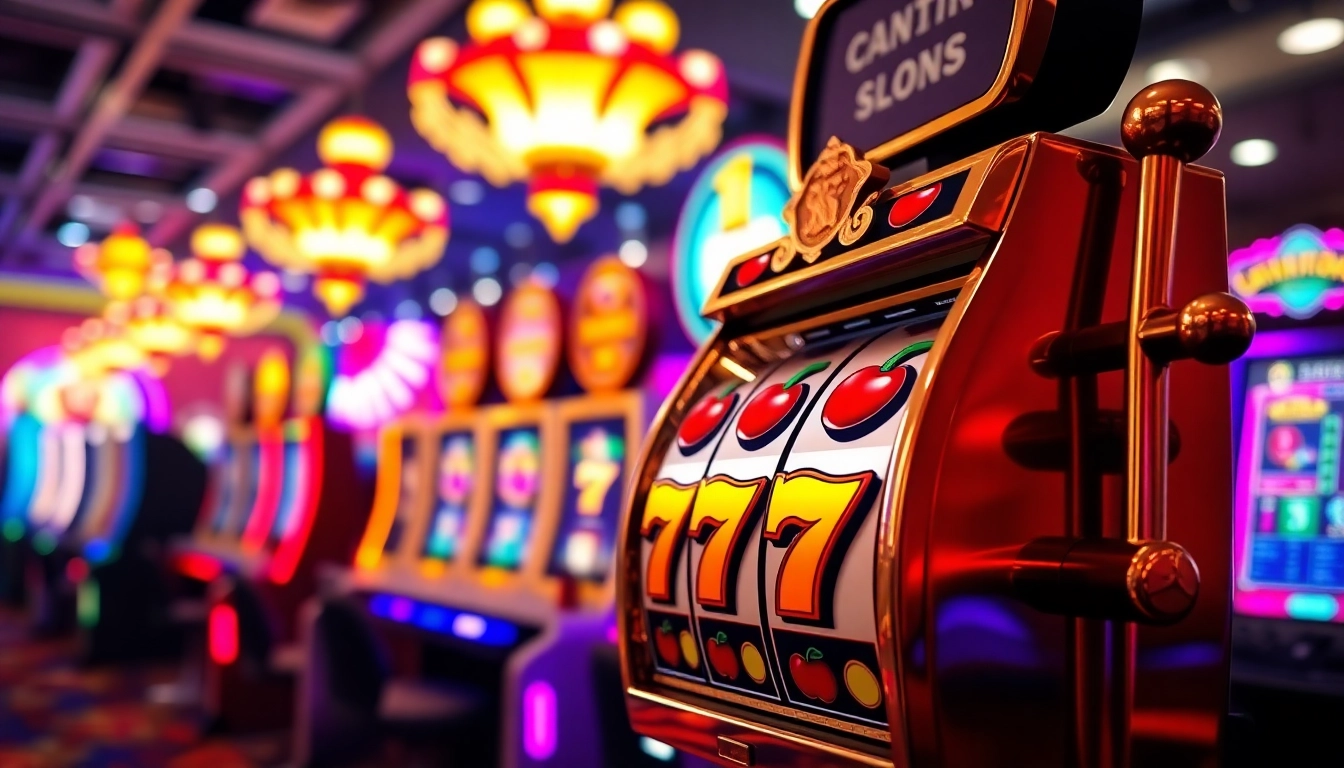 Engaging scene of slot gambling showing a vibrant casino with slot machines and bright lights.