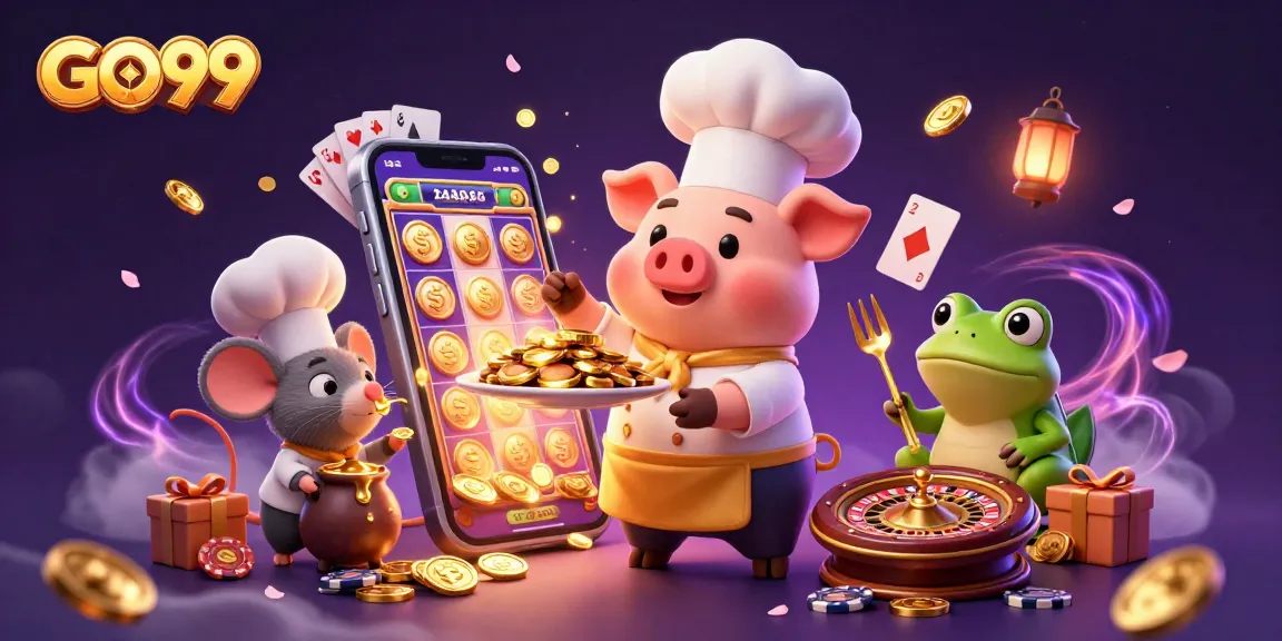 Experience the excitement of GO99 with 3D characters serving gold coins andslot games, enhancing your gaming adventure.