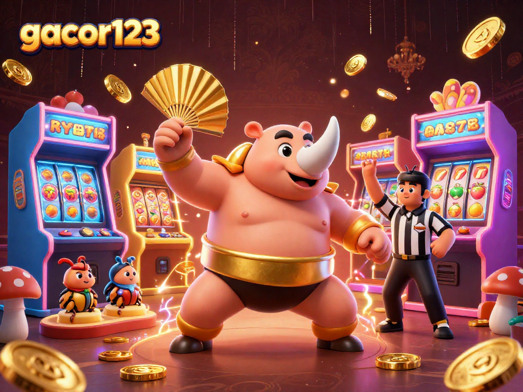 Experience thrilling gameplay with gacor123 featuring a sumo beetle champion amidst colorful slot machines.