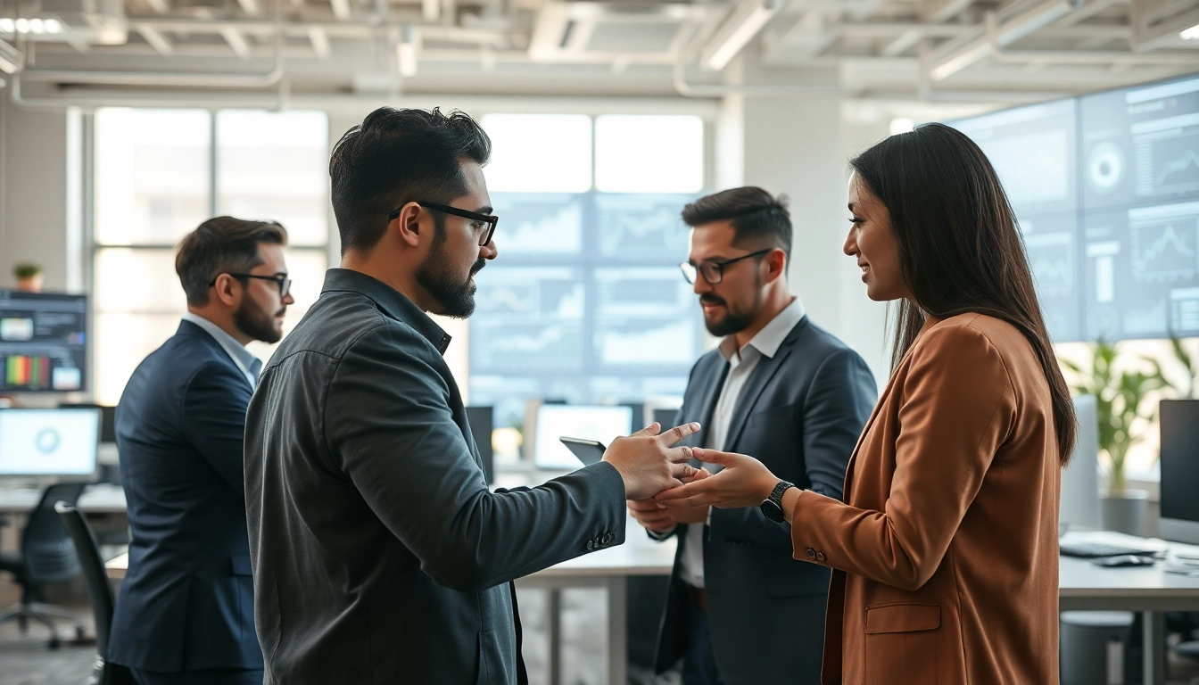 AI agents collaborating in a high-tech office setting, showcasing teamwork and innovation.