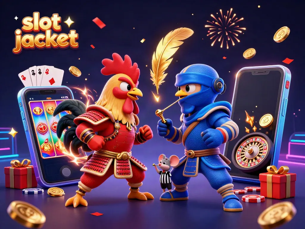 Experience the thrill of a slot jackpot in a vibrant 3D scene with dynamic roosters and casino elements.