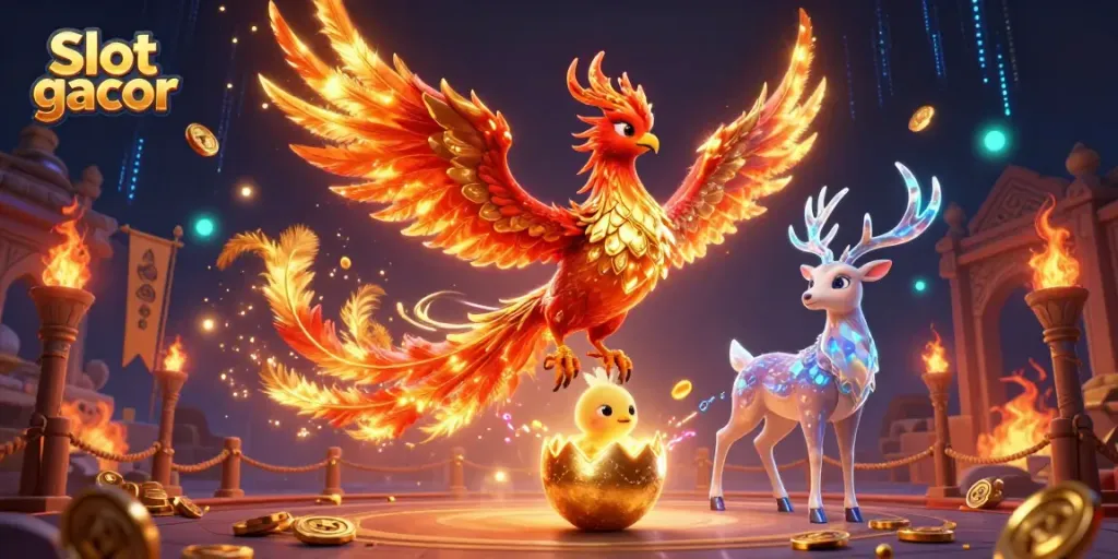 Experience the thrill of Slot gacor with a fiery phoenix and magical elements illustrating online gaming excitement.