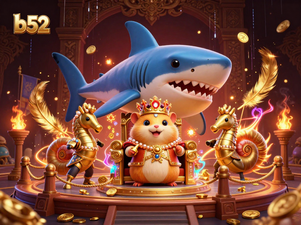 Win big in the exciting b 52 casino with a magnificent golden hamster king illustration.