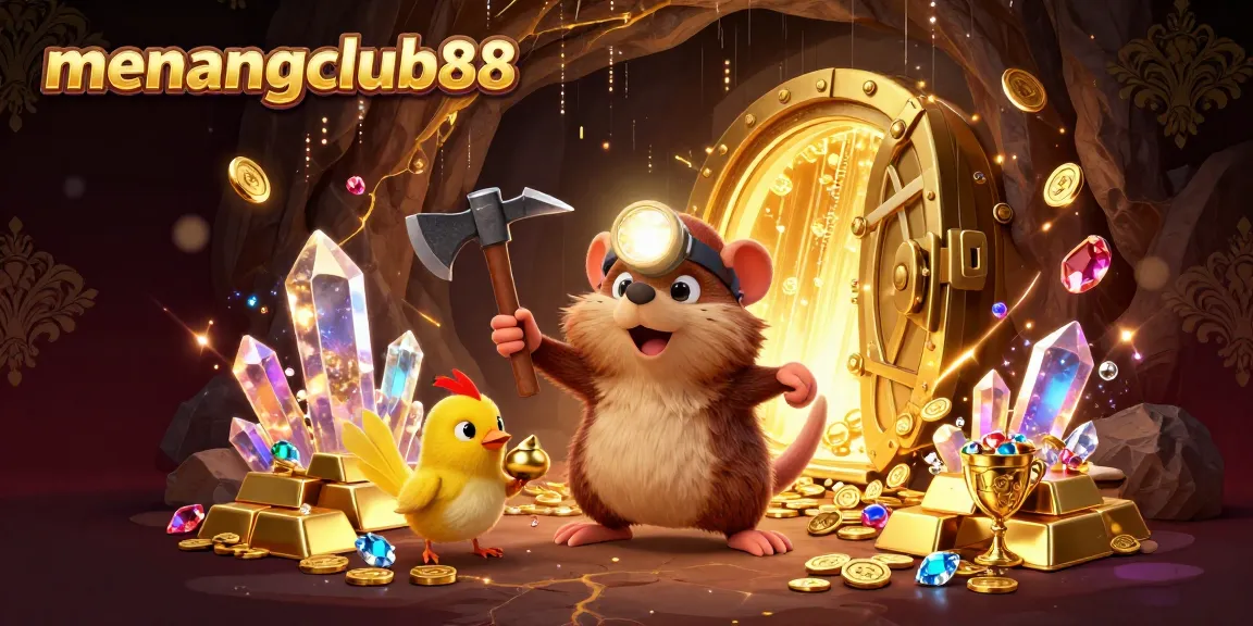 Explore the treasure-filled adventure at menangclub88 with a 3D treasure hunter mole in an enchanting cave.