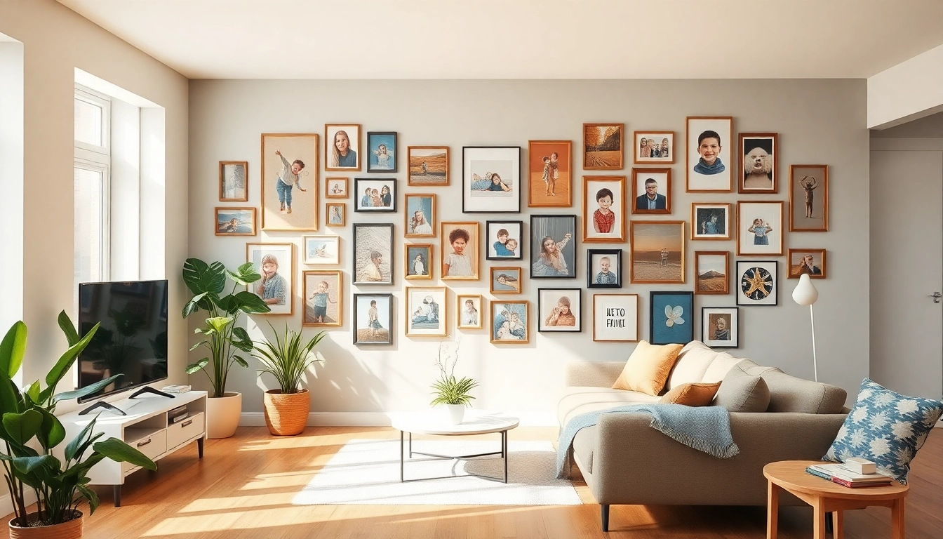 Showcase of a colorful photo wall filled with family memories in a stylish living room.