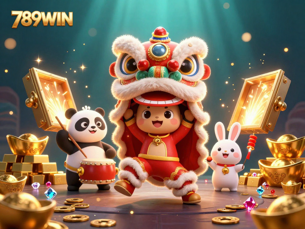 Engage with 789WIN in this vibrant scene of a lion dance amidst gold treasures and casino elements.