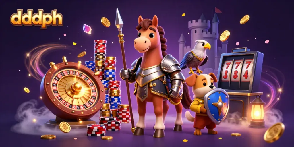 Experience thrilling wins with dddph, featuring a knight, squire, and falcon amidst colorful casino elements.