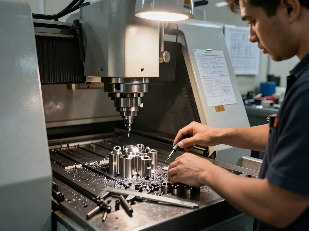 CNC machined stainless steel parts being produced by skilled technician in high-tech industrial setting.