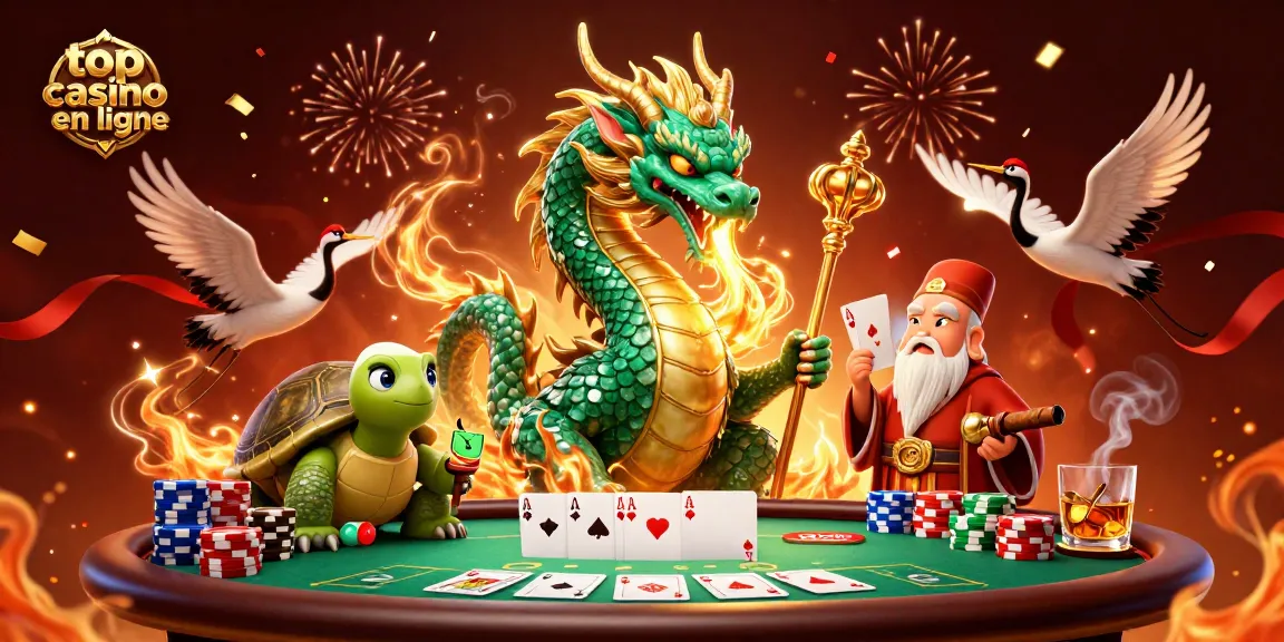 Illustration dynamique d'un dragon de jade et un sage, représentant un top casino en ligne