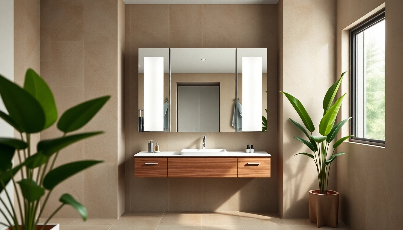 Spiegelschrank Bad mit Beleuchtung im modernen Badezimmer, das stilvoll und einladend ist.