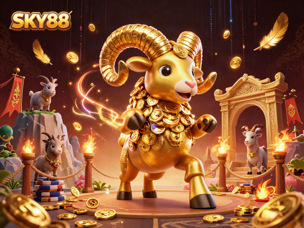 Experience SKY88 casino adventure with dynamic golden ram illustration surrounded by gambling symbols.