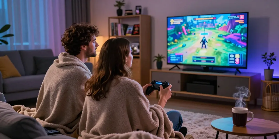 Couple enjoying sex games on a large screen, cozy atmosphere with gaming elements.