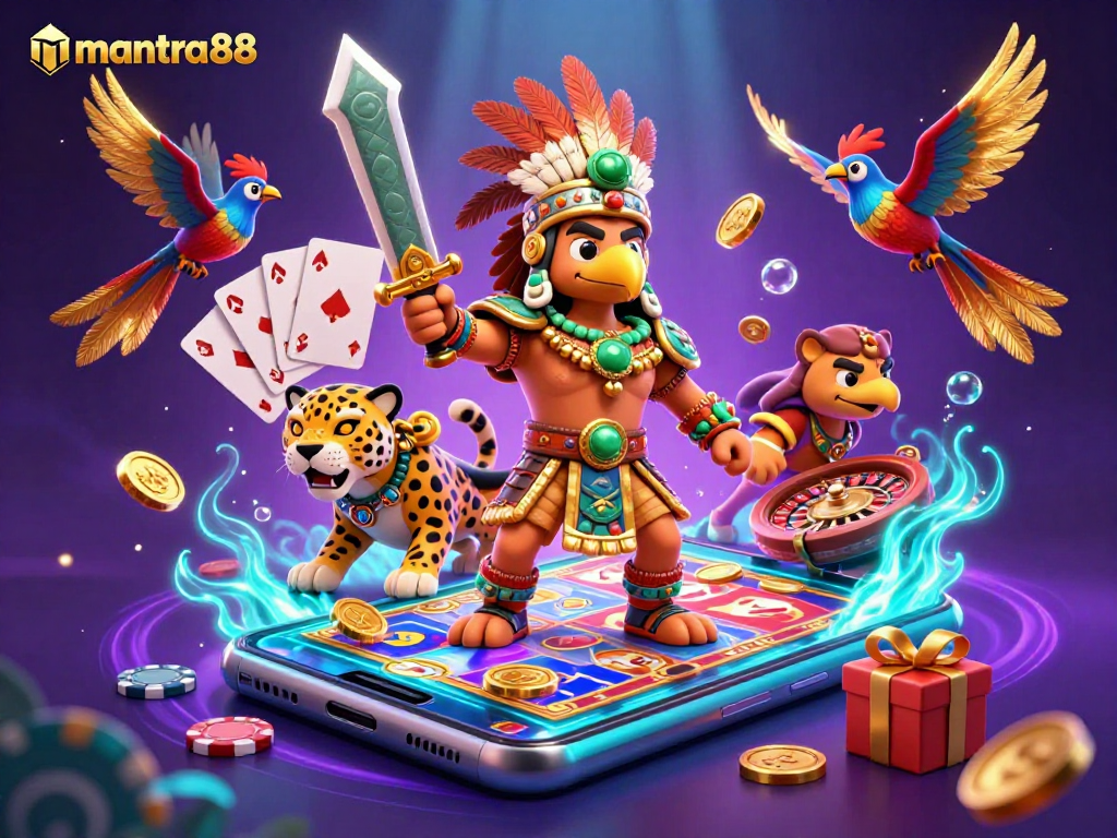Engage with mantra88's thrilling 3D casino scene showcasing Aztec warriors, slot games, and vibrant gambling action.